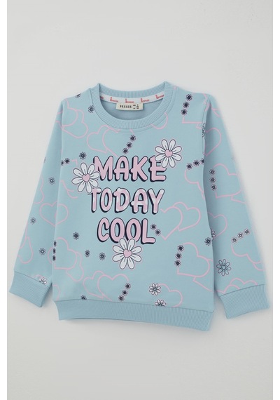 Breeze Kız Çocuk Cool Sweatshirt Çiçek Desenli Kalpli 3-8 Yaş , Açık Mavi