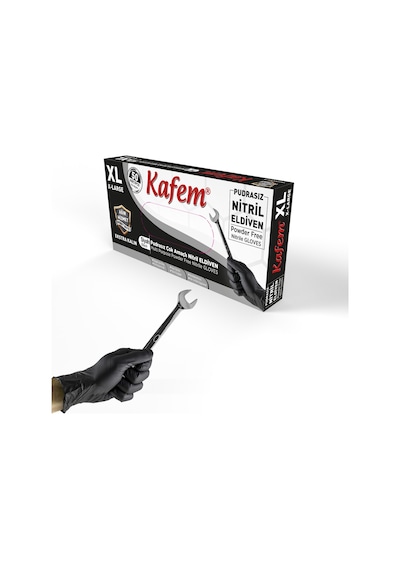 Kafem Siyah Nitril Eldiven Pudrasız Ekstra Kalın (XL) 50 Li X 5 Paket