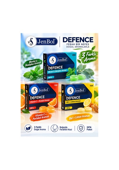 Jenbol Defence Boğaz Pastili 3'lü Set 72'li Mentol Okaliptus, Vitamin C Portakal, Bal Limon Aromalı