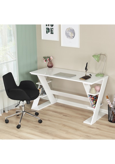 Pasific Home Lungo Raflı Çalışma Masası, Ofis Masası, 60X140 Cm, Parlak Beyaz