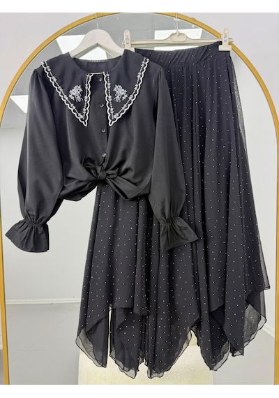 Lovie Moda Kadın Nakışlı Bebe Yaka Taş Detaylı Etekli Takım - Siyah