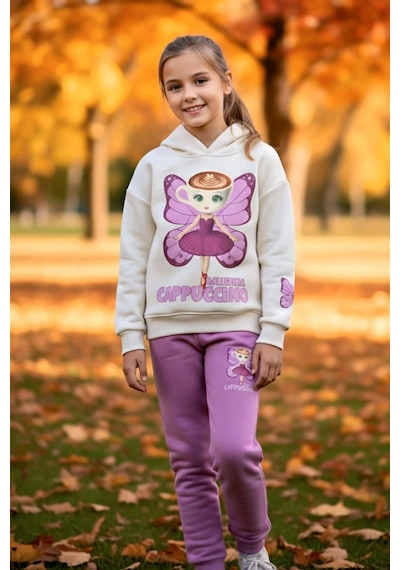 Koçak Kids 3 İplik Ballerina Cappucino Desenli Kız Çocuk Eşofman Takım Pembe