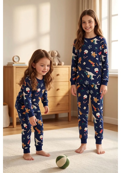Zuzunga Unisex Çocuk Christmas Cookie Desenli Lacivert Pijama Takımı