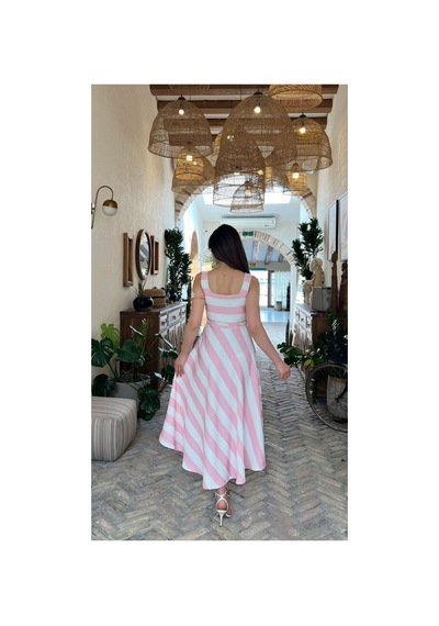 Moda Banuş Çizgili Kemer Detaylı A Kesim Pembe Elbise -dar Kalıp