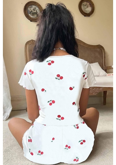 Merry See Örme Yumuşak Kısa Kol Kiraz Basklı Sortlu Pijama Takımı 001