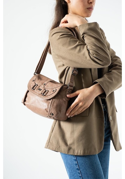 Baginn Yıkama Deri Günlük Kadın Postacı Çanta Çapraz Askılı Omuz Çantası Suni Deri 26 20 Cm Kapaklı Model Vizon