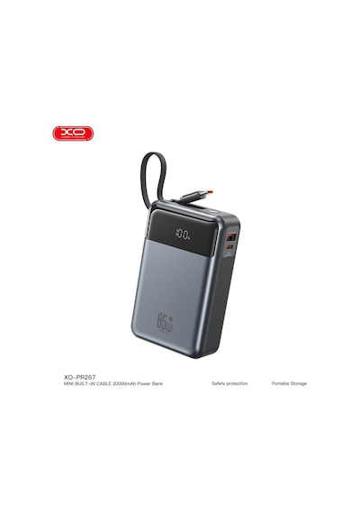 20000mah 65w Hızlı Şarj Destekli Dijital Ekranlı Dahili Kablolu Type-c Powerbank Beyaz
