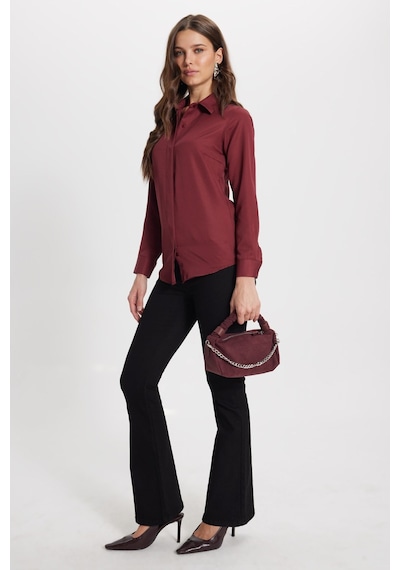 Tudors Kadın Slim Fit Dar Kesim Vucüda Oturan Uzun Kollu Gizli Düğme Detaylı Bordo Basic Gömlek-42048