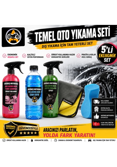 Akgüneş Motogaraj Temel Oto Yıkama Seti 5'li 1 Lt Kullanıma Hazır Pembe Araç Şampuanı + 1 Lt Cam Suyu + 1 Lt Lastik Parlatıcı + Mikrofiber Bez + Sünger Yerli Üretim Ekonomik Araç Bakım Seti