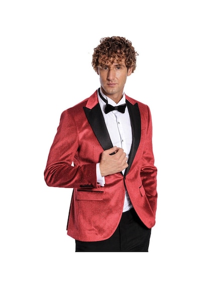 Wessi Simli Slim Fit Kadife Kırmızı Erkek Smokin Ceket - Kırmızı
