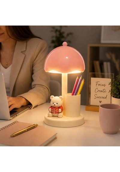 Ayıcıklı Led Masa Lambası Kalemlik Usb Şarjlı 3 Kademeli Ayıcık Kalemlik Telefon Tutucu Altın - Çok Renkli