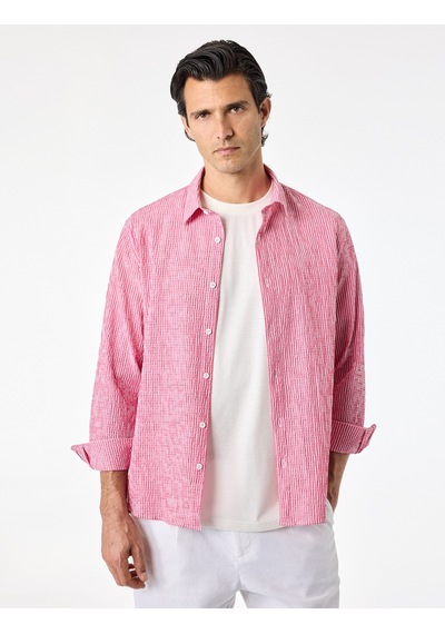 Koton Klasik Yaka Çizgili Regular Fit Uzun Kollu Gömlek Pembe Çizgili 6sam60178hw
