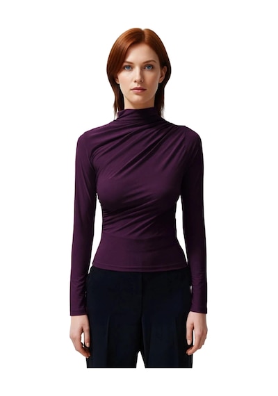 Ersefa Moda Kare Yaka Örme Slim Düz Desen Casual Günlük Crop Kısa Kol Bl Mürdüm