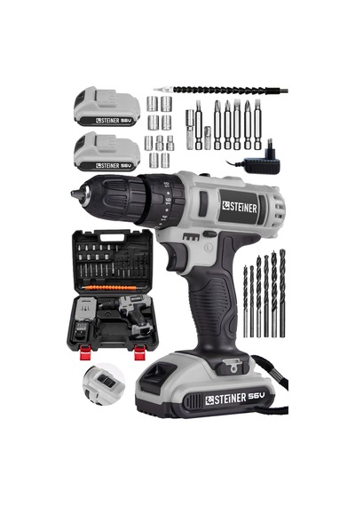 Steiner 56 V 5 Ah Çift Akülü Bakır Sargılı Darbeli Vidalama Matkap + 24 Parça Set Gri