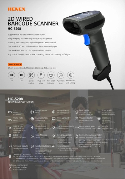 Henex Hc5208 2d Kablolu Standlı Barkod Okuyucu Usb + 1.0 Mp + Stand