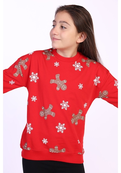 Toontoy Kız Çocuk Kar Taneli Kurabiye Baskılı Sweatshirt Kırmızı