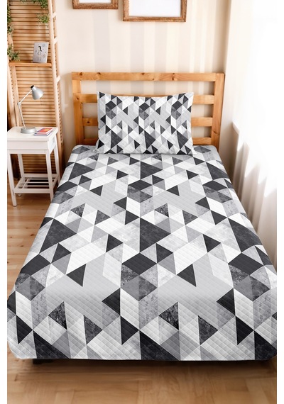 Gri Geometrik Genç Odası Tek Kişilik Pike Takımı - Siyah Modern 160x220 Cm Kapitone Yatak Örtüsü Mahmur Kadife Ufku