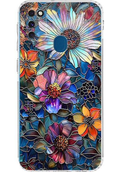 Printify Samsung Galaxy M30s İle Uyumlu Vitray Mücevher Flora Tasarımlı Şeffaf Silikon Kılıf Şeffaf