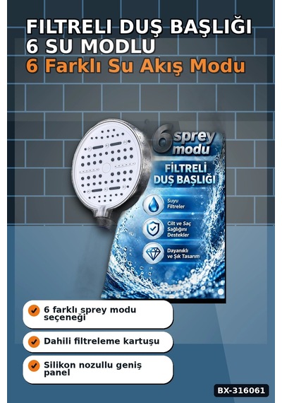 Filtreli Duş Başlığı 6 Su Modlu Geniş Panelli Silikon Nozullu Beyaz Gövde Bx-316061 Diğer