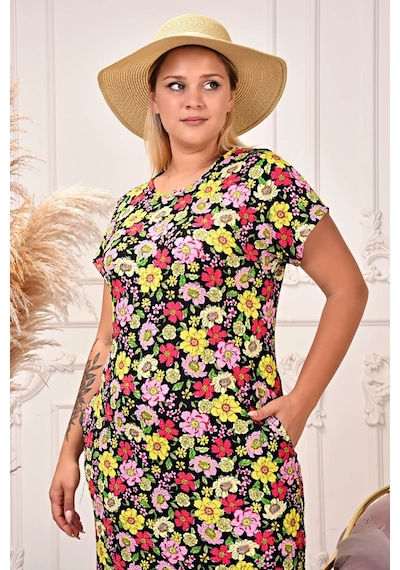Neşeli Butik Kadın Büyük Beden Çiçek Desenli Viskon Elbise Aysl71 Sarı