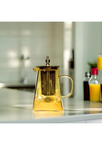 Morponi Borosilikat Cam Amber Metal Süzgeç Ve Kapaklı Demlik Piramit 950 Ml Amber