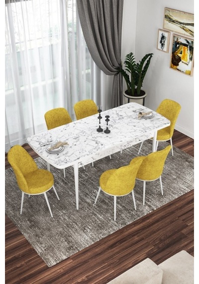Canisa Concept Kor Serisi 70x114 Açılabilir Mutfak Masası Takımı Beyaz Mermer Desen Masa 6 Hardal Sandalye Masa Beyaz Mermer Desen Sandalyeler Hardal