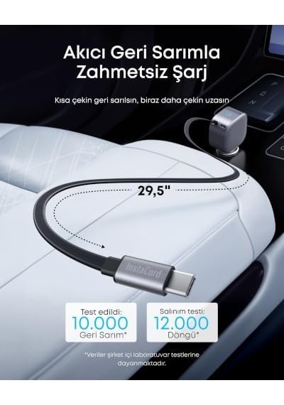 Nano Usb-c Araç Şarj Cihazı, 75w, Ultra Kompakt Type-c Hızlı Şarj Cihazı, Entegre Geri Çekilebilir Kablo, Gri - A2738