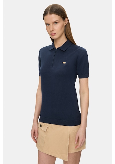 Ucla Ashera Lacivert Polo Yaka Half Zip Triko Nakışlı %100 Pamuk Standard Fit Kadın Tshirt