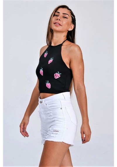 Genel Siyah Çilek Kabartma Baskı Boyundan Bağlamalı Crop Örme Bluz