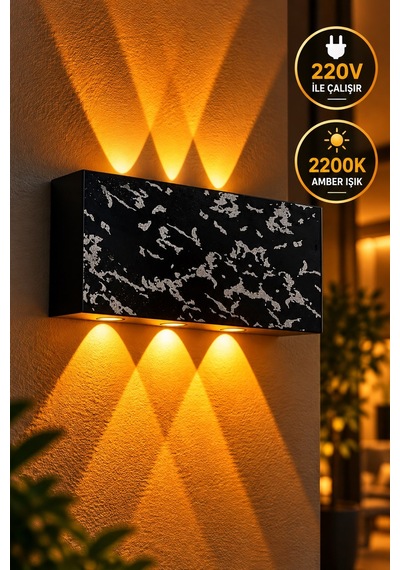 Siyah Gümüş Desenli 12w 2200k Amber Işıklı 3 Gözlü Yukarı Aşağı Dekoratif Duvar Apliği 16 Cm Amber Işık