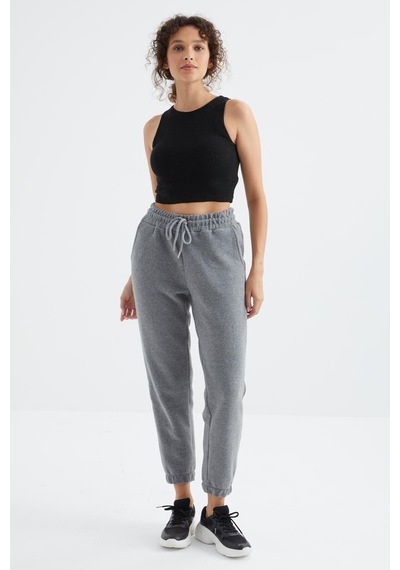 Gri Melanj Yüksek Bel Basic Bağcıklı Jogger Polar Kadın Eşofman Alt - 94622 GRİ MELANJ
