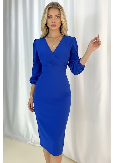 Defymoda Kadın Klasik Kesim Manşetli Elbise Mavi