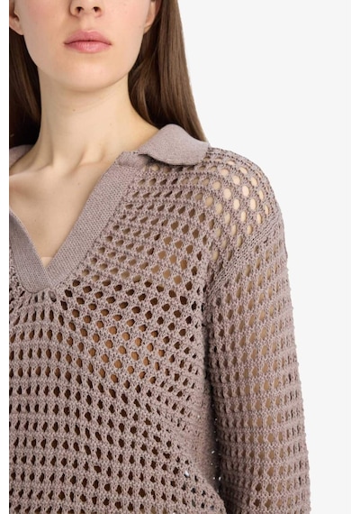 DeFacto 	Relax Fit Polo Yaka Basic Düz Ajur Triko Kazak E7025AX25SMBG487 Bej