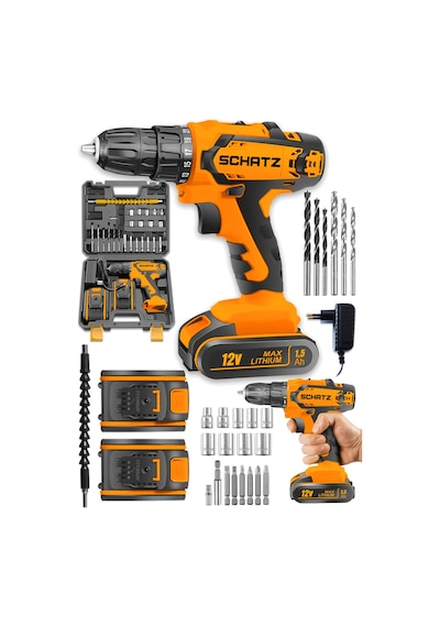 Schatz Pro 12v 1.5 Ah Darbeli Çelik Şanzıman Çift Akülü Bakır Sargılı Şarjlı Vidalama Matkap 24 Pcs Turuncu -
