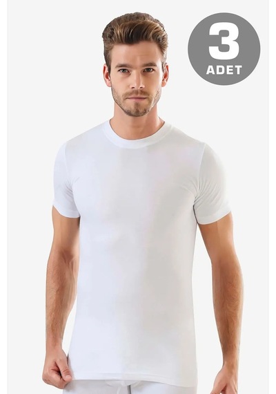 Terrien Premium Tekstil İç Giyim Erkek Beyaz Sıfır Yaka Kısa Kollu Fanila Tişört 3'lü Paket