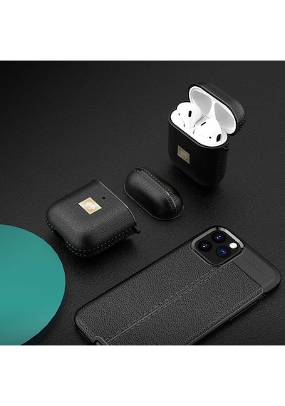 Wlons Apple Uyumlu AirPods Kılıf Deri Görünümlü Askılı Koruma Kılıfı Siyah