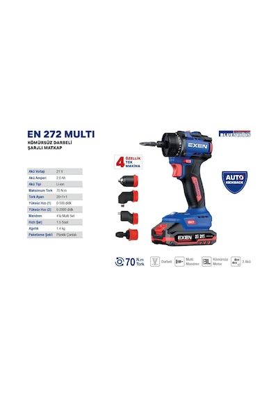 Exen En 272 Multi - 21v 2ah 70n.m Kömürsüz Darbeli Şarjlı Matkap 4 Fonksiyonlu