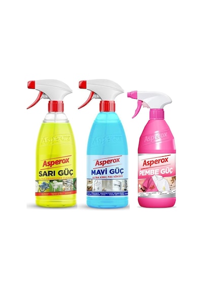 Asperox Sarı Güç + Mavi Güç Sprey 2 X 1 L + Pembe Güç Leke Çıkarıcı 650 Ml