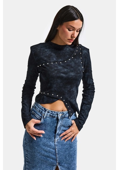 it's basic Kadın Siyah Antrasit W5 Asimetrik Kesim Drop Detaylı Özel Tasarım Crop Top