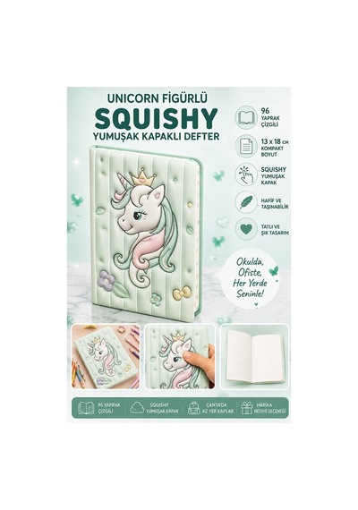 Unicorn Yumuşak Kapaklı Defter 96 Yaprak 13x18cm 1 Adet Df-1318 Sukuşi Çizgili Defter Hediyelik Sevimli Defter Yeşil
