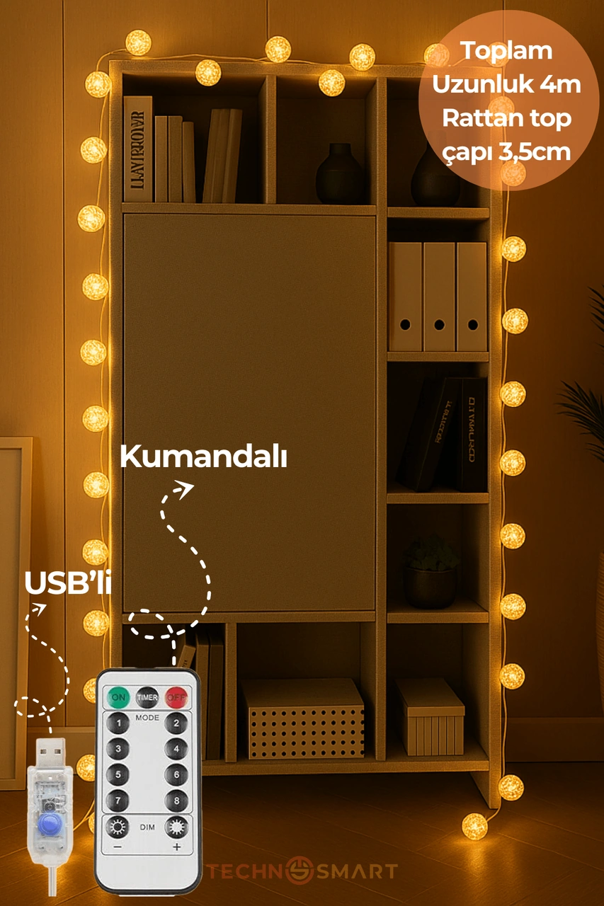 Technosmart 20 Ledli Rattan Top Şerit Led Işık Usb Li Ve Kumandalı, 4m, 8 Mod Dekoratif Aydınlatma Sarı
