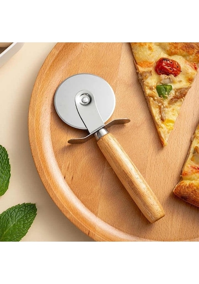 Paslanmaz Çelik Ahşap Saplı Pizza Dilimleyici, Yuvarlak Pizza Kesici Bıçak, Hamur Ve Waffle Kesici, Ergonomik Tasarım