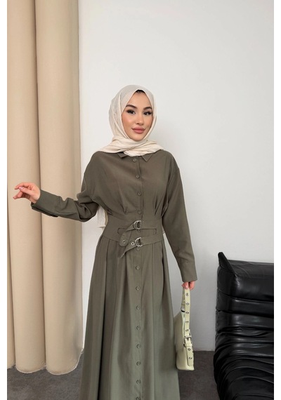 Mihran Butik Valeno Model Coupra Model Kumaş Kemer Detaylı Elbise Haki