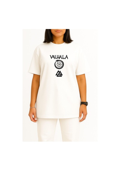 Bahriyeli Collection Oversize Valhalla Göğüs Baskılı Unisex T-shirt Beyaz