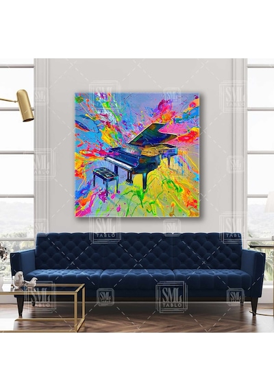 Renkli Neon Piyano Ve Müzik Enstürümanı Kanvas Tablo 60 X 60 Cm