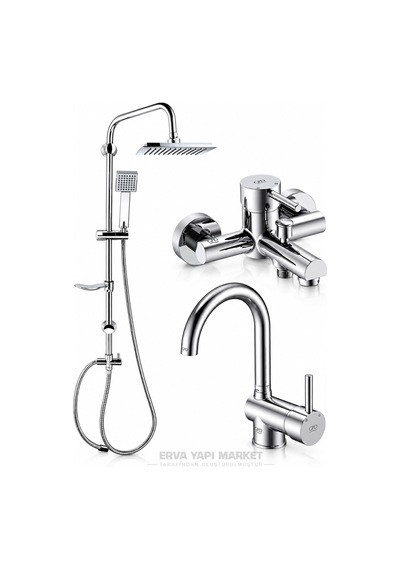 Espina Banyo Bataryası Kuğu Lavabo Bataryası Dst19-3 Kare Yağmur Duş Sistemi 3'lü Krom Set