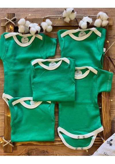 Betül Bebek Kısa Kollu 5'li Organik Pamuk Çıtçıtlı Bebek Body&zıbın 5 Adet Yeşil