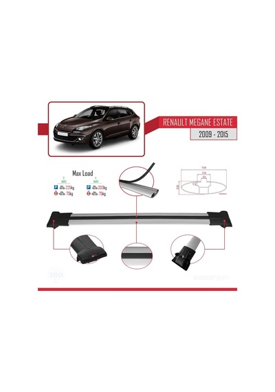 Renault Megane Grandtour 2009-2015 Arası İle Uyumlu Fly Model Ara Atkı Tavan Barı Gri 3 Adet Bar
