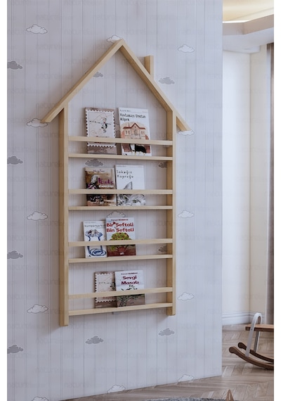 Çatılı Kitaplık Masif Ahşap Montessori Çatılı Duvar Kitaplık Ahşap
