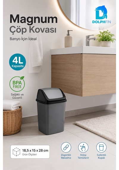 Magnum 4 Litre Sallanır Kapaklı Mini Çöp Kovası Banyo Mutfak Ofis Antrasit Siyah